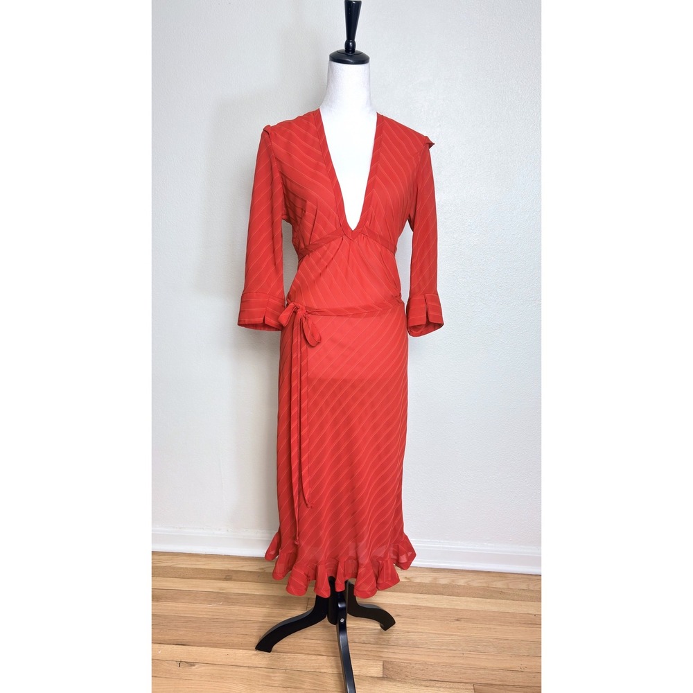 Y2K Vintage Grey Ant Sheer Bright Red Striped Deep V Ruffled Midi Dress Party